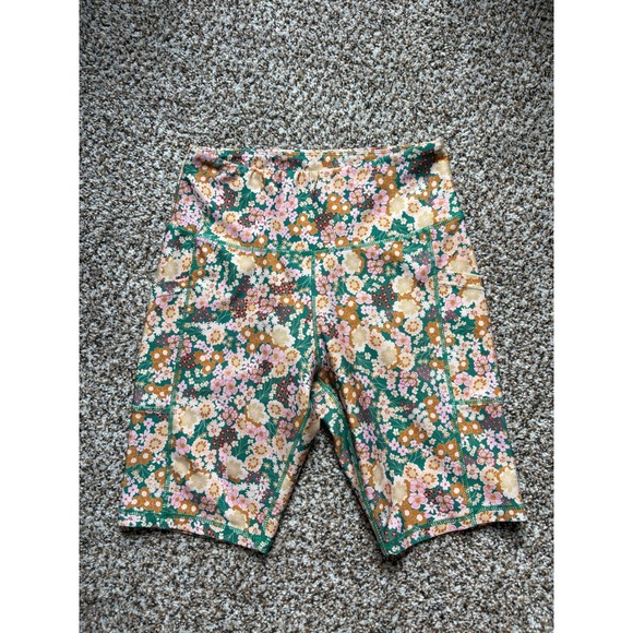 Ebb & Flow Pants - ebb & flow Biker Shorts Medium Green Pink Floral High Waist Pockets Athleisure